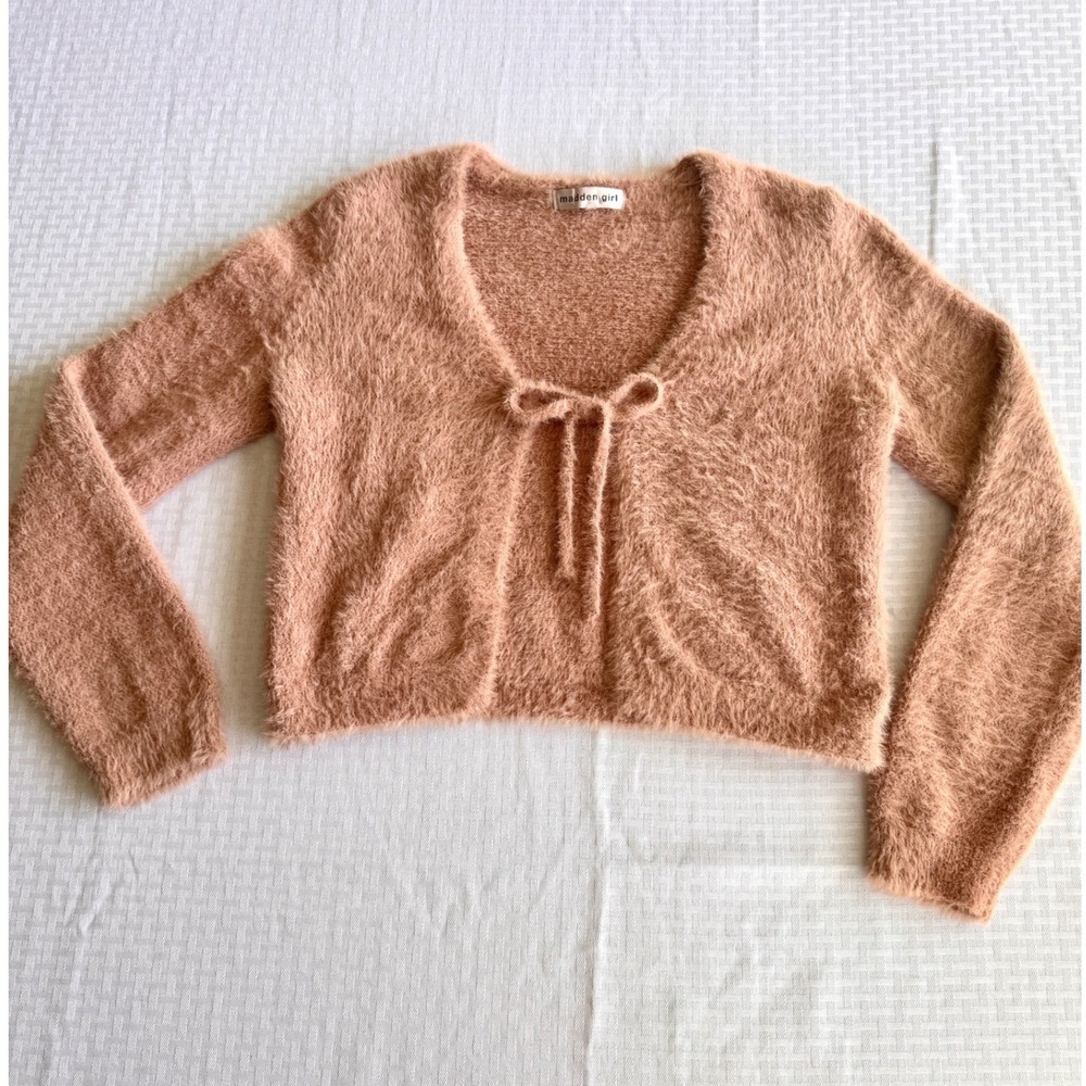 Madden Girl Fuzzy Eyelash Knit Cropped Cardigan Pink Front Tie RAH2570 Womens L